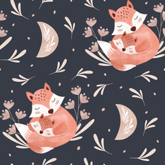 watercolor seamless pattern fox, pattern mother and baby foxes on a dark background with the moon