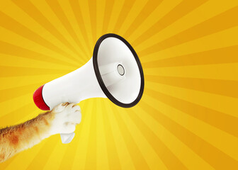 Fototapeta Attention concept. Cat paw holds loudspeaker, creative idea. Vintage obraz