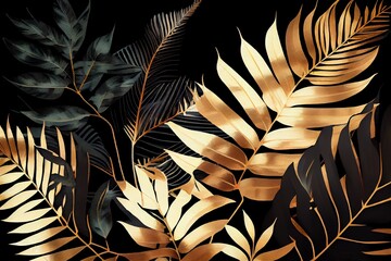 Watercolor Illustration of a Black And Gold Tropical Leaves Background. Golden Foliage Leaf Texture. View Of Palm Plants. Generative AI