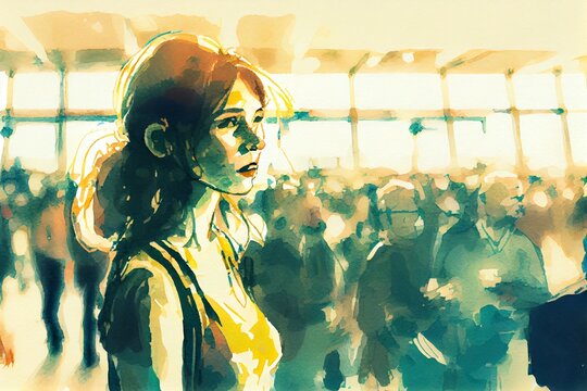 Watercolor Illustration Of A Busy International Airport Terminal Out Of Focus People, One Girl Standing Alone Looking At The Crowd. Edited Illustration. Generative AI