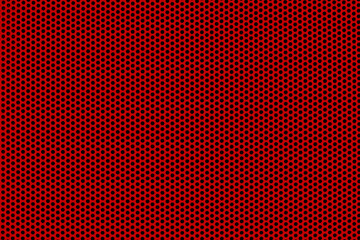 Background of wavy red metallic grid with holes. Perforated metal back. Metal mesh as background.