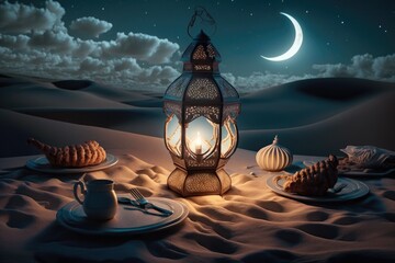 Fototapeta na wymiar Muslim Holy Month Ramadan Kareem - Ornamental Arabic Lantern With Burning Candle Glowing At Evening,generative ai.