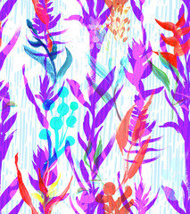 Seamless pattern with gentle vertical tropical silhouettes of flowers and branches in bright colors for textile