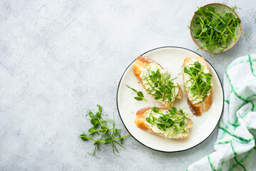 Toast with cream cheese and micro greens. Healthy food, natural vitamins. Top view.