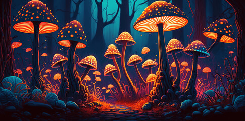 Magic mushroom glowing in the forest
