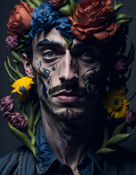 Closeup man's face and flowers. A colorful imaginative portrait of a man in a dreamlike state, with a surrealistic twist. Generative AI