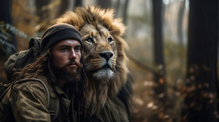 A Man and a lion in a natural environment as best friends. Ai generated illustration