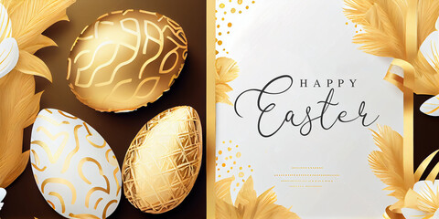 Easter Set of greeting cards, holiday covers, posters, flyers design in 3d realistic style with golden egg and. Modern minimal design for social media, sale, advertisement, web. Generative Ai.
