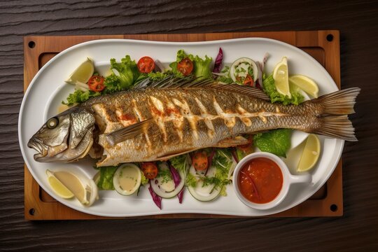 Grilled fish plate, foodphotography, generative ai