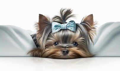  a small Yorkshire terrier with a blue bow on its head, lying on a white surface