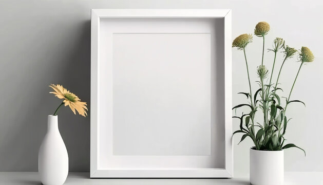 Mockup of picture frame decorated with spring flowers clean space for text on white background.