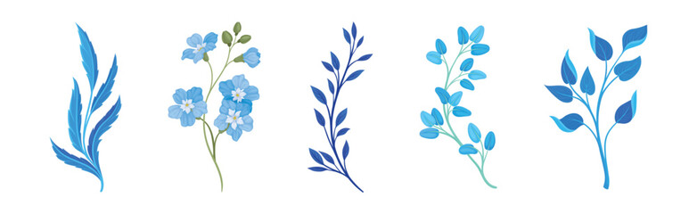 Blue Flowers and Floral Leafy Twigs Decorative Elements Vector Set