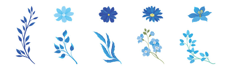Blue Flowers and Floral Leafy Twigs Decorative Elements Vector Set