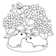 Cute capybaras with butterflies under hydrangea bush. Simple character design. Coloring page for children. Vector black and white illustration.