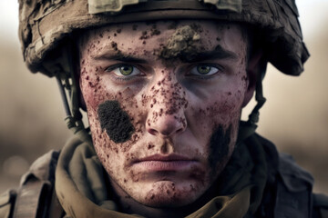 Obraz premium Gesicht eines verschmutzten Soldaten in einer Schlacht im Krieg. KI generierter Inhalt.