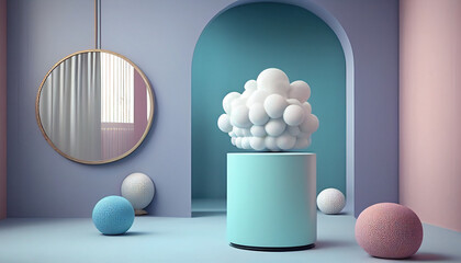 Modern studio setting with cylinder podium and bead balls adorning the floor, Generative AI