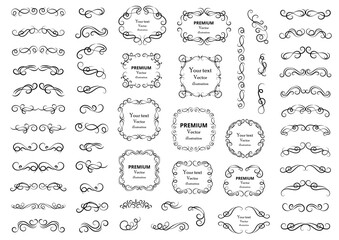 Fototapeta na wymiar Calligraphic design elements . Decorative swirls or scrolls, vintage frames , flourishes, labels and dividers. Retro vector illustration