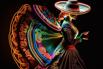 Fabulous Cinco de Mayo female dancer in neon light. Beautiful female model in traditional costume and sombrero dancing..Generative AI - obrazy, fototapety, plakaty