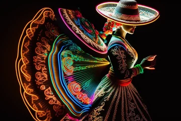 Vlies Fototapete Vereinigte Staaten Fabulous Cinco de Mayo female dancer in neon light. Beautiful female model in traditional costume and sombrero dancing..Generative AI