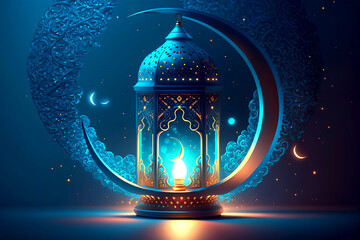 holographic Ramadan lantern and crescent moon. Generative AI - obrazy, fototapety, plakaty