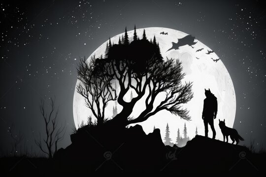 Landscape with wolf and man on the hill, night and moon in the sky. Generative AI