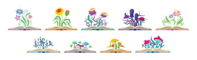 Open Book with Different Fabulous Mushrooms and Flowers Vector Set