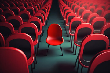 one red chair standing out among row of black chairs. Generative AI