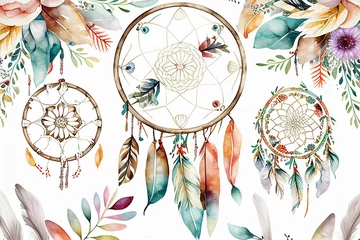 Wallpaper murals Boho Style seamless watercolor ethnic boho floral pattern dreamcatcher background Generative AI