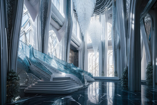 Opulent interior design, stairs with glass railing, chandeliers, white. Generative AI