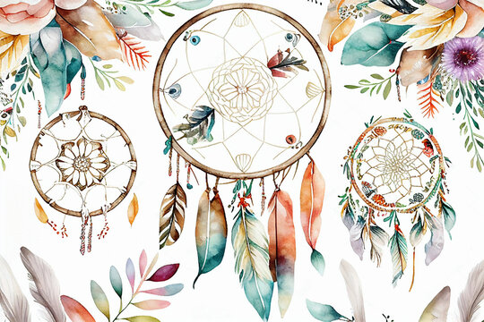seamless watercolor ethnic boho floral pattern dreamcatcher background Generative AI