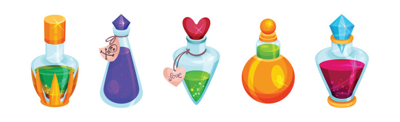 Corked Glass Jars with Magic Liquid Potion Vector Set