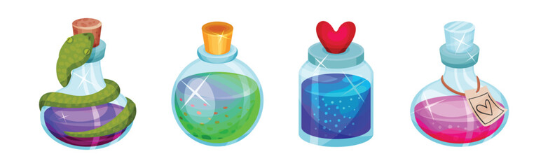 Corked Glass Jars with Magic Liquid Potion Vector Set