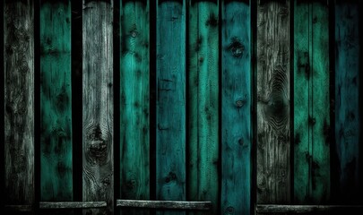 a wooden wall with green paint and a wooden door in the middle of it, with a dark background of wood planks and boards.  generative ai