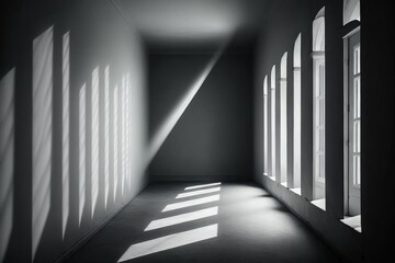  a long hallway with sun shining through the windows on the wall and a long shadow on the floor of the room on the wall and the floor.  generative ai