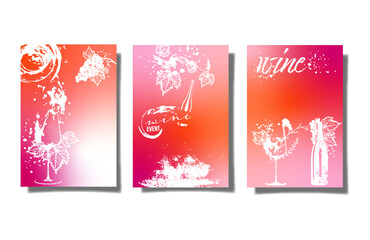 Wine card template - hand drawn line art of wine, bottles and glasses. Art for menu, shop, market or sale. Wine bottles with wine stains. Sketchy collection of different wine elements.