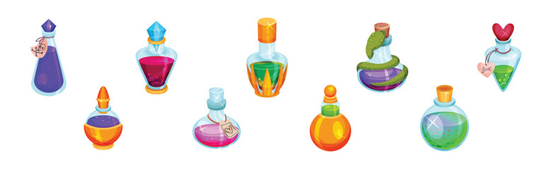 Corked Glass Jars with Magic Liquid Potion Vector Set