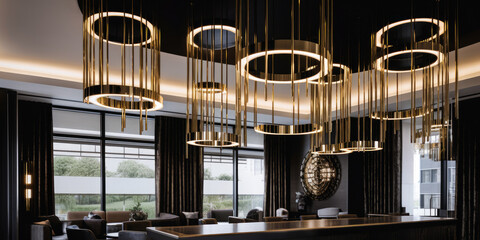 Luxury hotel interior design, dark, hanging gold lights. Generative AI