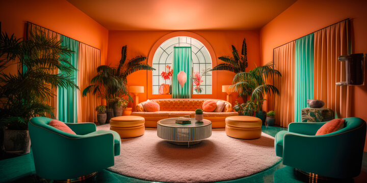 Art Deco interior design, orange and green, home, living room. Generative AI