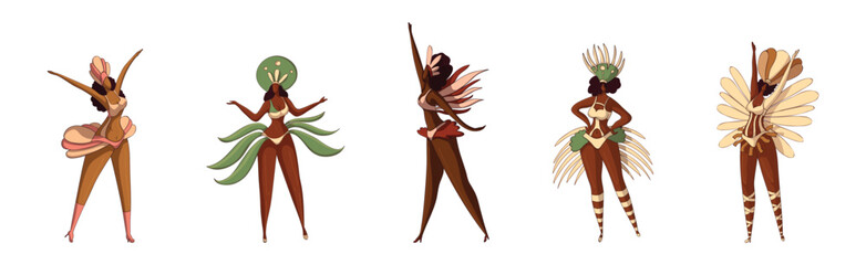 Brazilian Dark Skinned Samba Dancer in Feathered Costume Vector Set