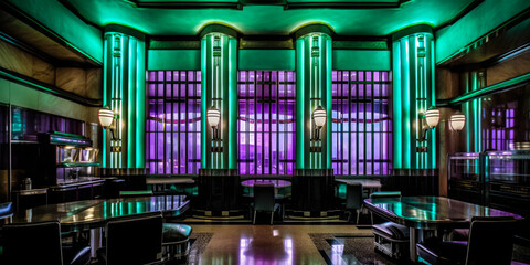 Art Deco interior architecture design, green and purple, dark, lights, windows, tables. Generative AI