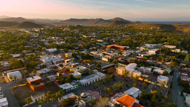 Todos santos in early morning light fly over the city by drone aerial view