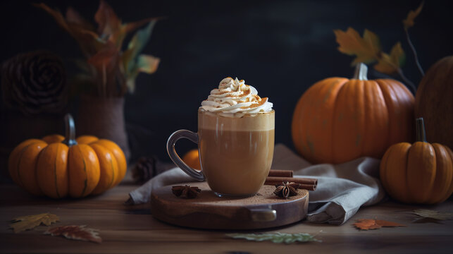 Pumpkin spice latte in a mug. AI