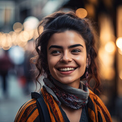 portrait of a lovely hispanic flirty girl smiling in a shopping street, generative ai