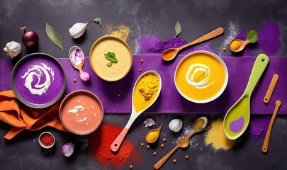  a table topped with bowls of different types of food and spoons next to a purple banner with orange and white designs on it and a purple background.  generative ai
