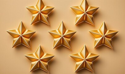  a group of gold stars sitting on top of a brown table next to each other on top of a brown tablecloth covered tablecloth.  generative ai