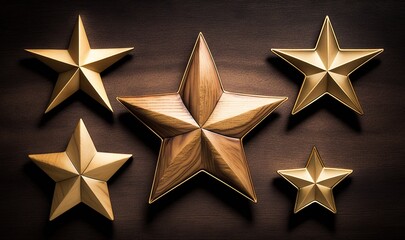  a group of five gold stars on a brown table with a black background and one gold one has a smaller gold one with a smaller gold one.  generative ai