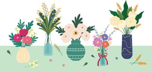 Collection of flowers in vases and bottles standing on the table. Flat style vector illustration.