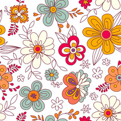 Colorful floral seamless pattern. Groovy flowers vector illustration, hippie aesthetic. Funny multicolored print for fabric, paper, any surface design.