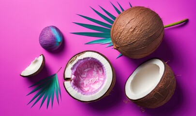 Obraz na płótnie Canvas a couple of coconuts sitting on top of a purple surface next to a green leaf and a purple background with a blue and green palm leaf. generative ai