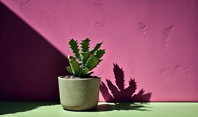  a plant in a pot on a table in front of a pink wall with a shadow of a plant on the floor in front of it.  generative ai